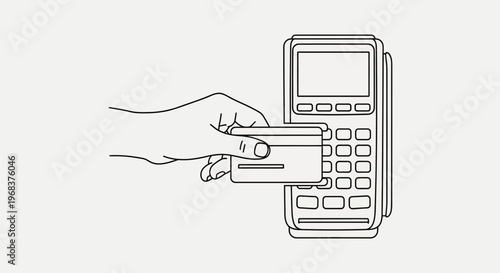 Hand holding credit card near payment terminal.