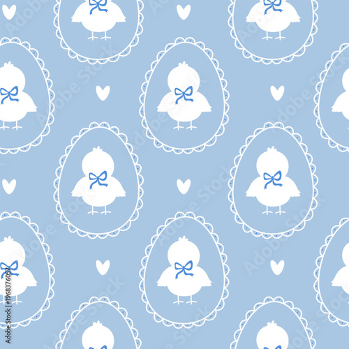Φωτογραφία Cute Easter chick seamless pattern with eggs in blue pastel vector background