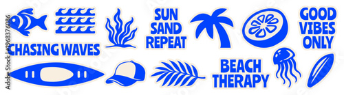 Retro Tropical Beach Vibes Icon Set, Vintage Summer Surf & Ocean Lifestyle Stickers Flat vector Illustration with Fish, Seaweed, Palm Tree, Citrus, Kayak, Cap, Jellyfish, Surfboard, for T-Shirt Print