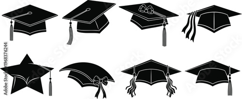 Black silhouette illustration of eight graduation caps with tassels, academic achievement symbols, educational celebration artwork, diverse mortarboard designs for school success