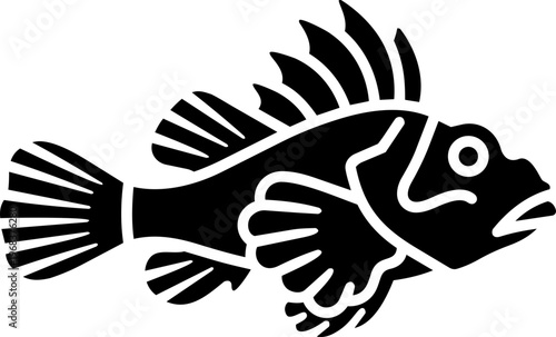 Stylized Black Silhouette Icon of a Spiny Rockfish or Scorpionfish Isolated on White Background
