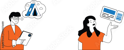 Two individuals discussing financial planning and payment methods with digital tools and cards in hand