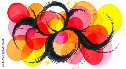 Vibrant abstract art with colorful circles and black swirls on white background