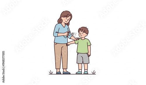Mother Applying Bug Spray to Child Protection Care Vector Illustration