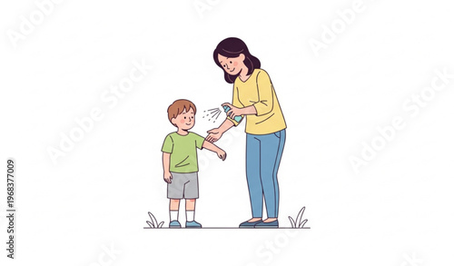 Mother Applying Bug Spray to Child Protection Care Vector Illustration