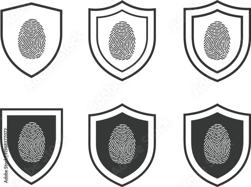 Data security icon set, vector collection featuring fingerprint padlock shield protection symbols safety lock marks and secure authentication concepts in clean modern flat design.