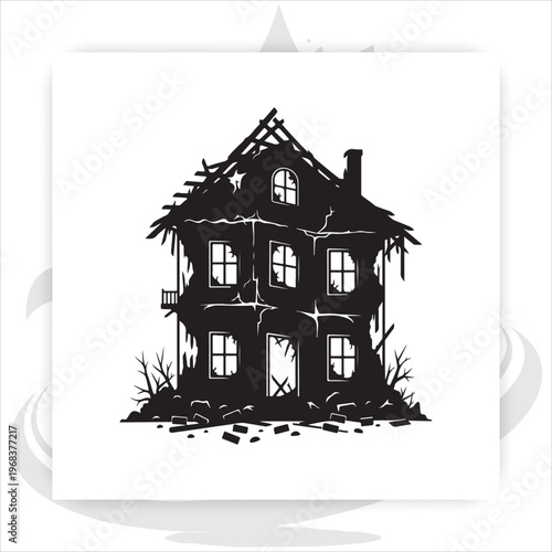 Spooky silhouettes of desolate landscapes with haunted houses dead trees and abandoned ruins,