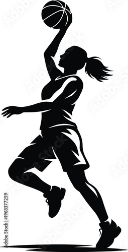 Dynamic silhouette of basketball player performing slam dunk in mid-air, showcasing athletic strength, energy, and sports action for fitness, competition, and lifestyle concepts.