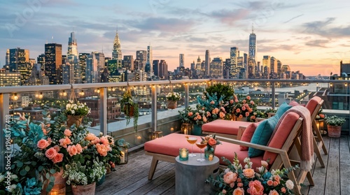 Rooftop terrace with city skyline view at sunset, adorned with flowers and lounge chairs