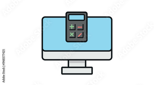 Desktop computer icon with calculator in soft pastel colors. Vector illustration for financial management, online accounting, budget calculation, and business data analysis for web and app interface.