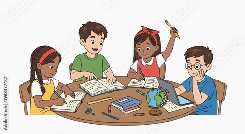 A diverse group of children sitting around a table studying together with books and pencils in white background.