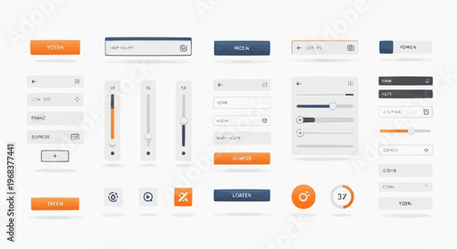 A vector graphic illustration of a modern user interface design with various UI elements and controls in white background.