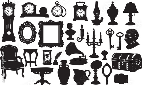 Black Silhouette Vector of Antique Objects and Vintage Collectibles
