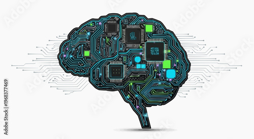 A vector graphic illustration of a brain made of electronic circuit boards and microchips in white background.