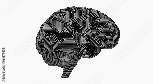 A black and white vector illustration of a brain made of circuit boards with a glowing light in white background.