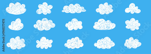Crayon cloud hand drawn naive kids, baby, school background design. Childlike scribble blue clouds drawn with chalk weather elements, kid drawings. 