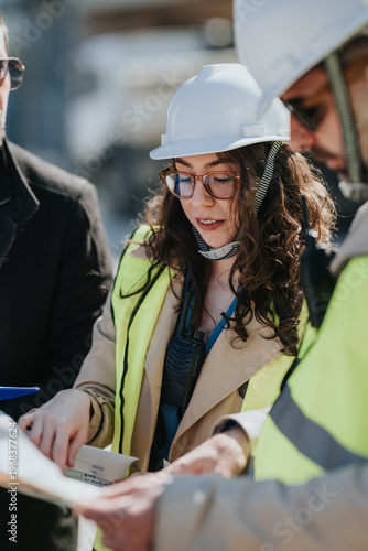 A female construction engineer reviews plans on site while wearing a hard hat and high-visibility vest. She and colleagues consult documents and discuss project details at a construction site.