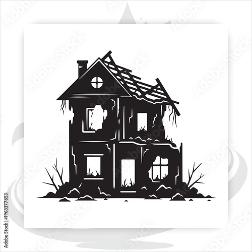 Spooky silhouettes of desolate landscapes with haunted houses dead trees and abandoned ruins,