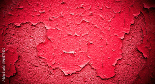 Close-up of peeling red paint on a textured surface