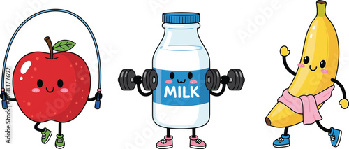Cartoon illustrations of healthy foods exercising, apple jumping rope, milk lifting dumbbells, banana jogging, fun lifestyle, nutrition fitness concept illustration