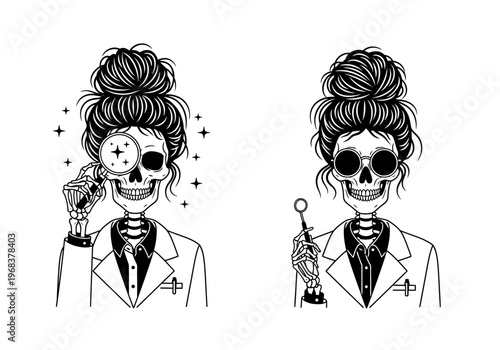 Set of Skeleton Dentist and Scientist with Messy Bun Illustration - Halloween Medical Professional Line Art Vector