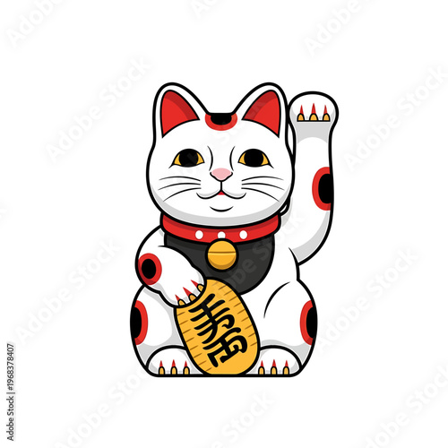 A cartoon maneki-neko figurine with a red collar and golden charm sitting on a white background with one paw raised.