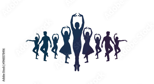 A captivating group of silhouetted dancers, showcasing various poses and graceful movements, embodies the spirit of artistic performance and unity.