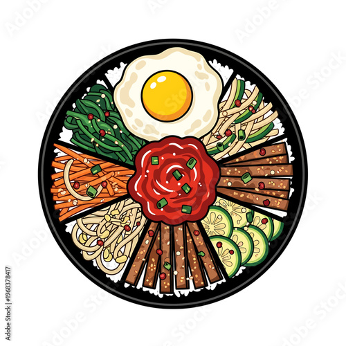 A vibrant illustration of a Korean bibimbap dish with various ingredients and a fried egg on top against a clean white background.