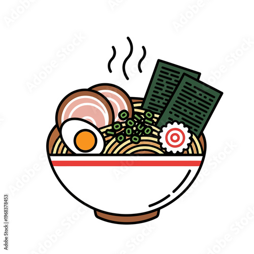A steaming bowl of ramen with slices of pork, boiled egg, and green onions on a white background.
