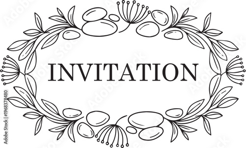 Elegant Floral Wreath Invitation Template | Minimal Line Art Wedding Invitation Frame | Black & White Botanical Border Design
