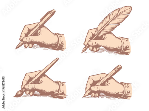 Vintage Hand Writing Illustration Set with Pen, Feather and Brush / ペン・羽根ペン・筆・鉛筆で書く手のヴィンテージイラストセット・カラー