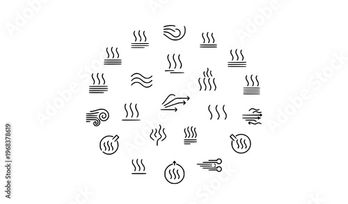 A set of minimalist icons illustrating various heat and wind symbols