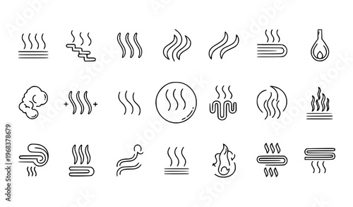 A set of minimalist line art icons depicting various heat and temperature symbols