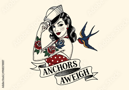 Vintage American Traditional Tattoo Illustration of a Sailor Pin-up Girl with Roses and Swallow Bird, Anchors Aweigh Banner