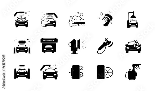 A set of black and white vector icons depicting car wash and cleaning services
