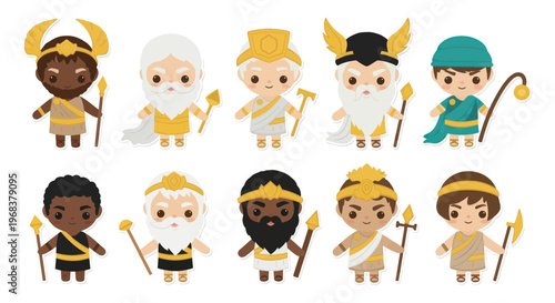 Diverse cartoon gods and goddesses characters.
