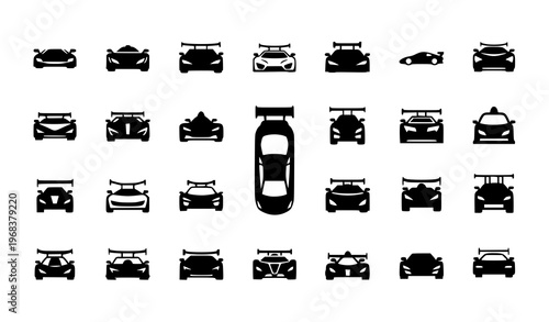 A collection of black silhouettes of various race cars on a white background