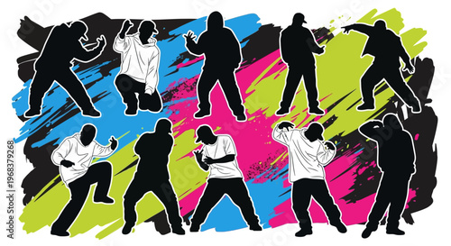 This dynamic graphic illustration presents multiple urban dancer silhouettes in energetic poses, set against a vibrant, expressive abstract paint splash background.