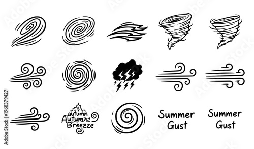A set of vector graphic weather icons depicting various wind and storm symbols