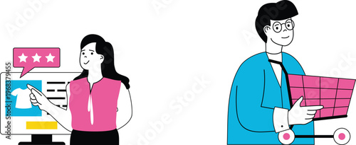 Woman shopping online while man presents product inventory on digital tablet happily together