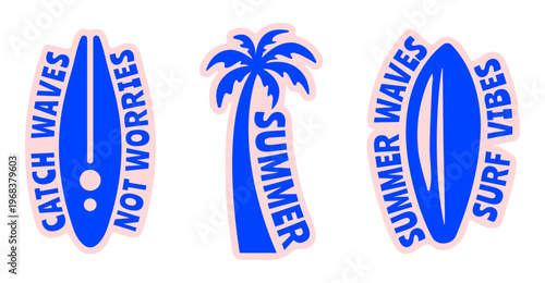 Vintage Summer Surf Vibes Sticker Set With Surfboards and palm Tree, Retro Bold Tropical Vector Flat Illustrations Set for t-shirt prints, beachwear design, summer logo, and coastal branding
