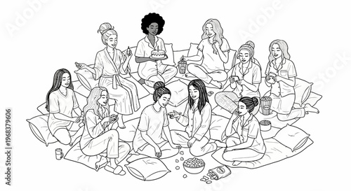 Women enjoying a slumber party with friends, sharing snacks and laughter.