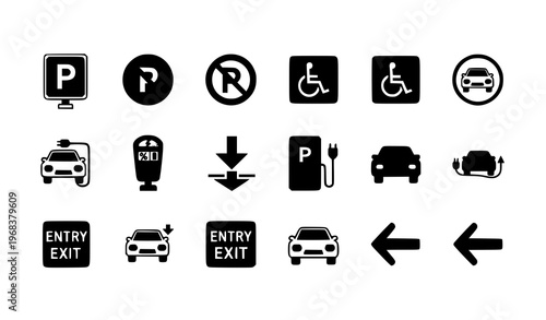 A set of black and white vector icons depicting parking signs and symbols