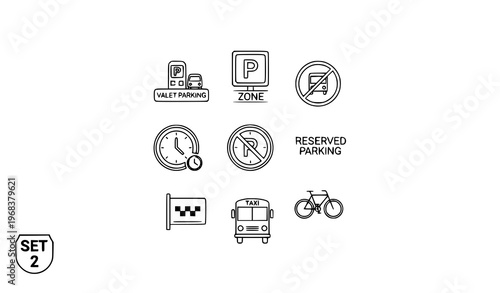 A set of black and white line art icons depicting various transportation and parking symbols