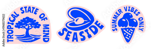 Retro Summer Beach Sticker Pack with Mangrove, Pearl, Ice Cream, Vintage Bold Tropical Vector Flat Illustrations Set for t-shirt prints, beachwear design, summer logo, and coastal branding