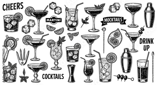 Cocktails and bar accessories are hand-drawn illustrations for menu.