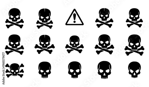 A set of black skull and crossbones vector icons and symbols