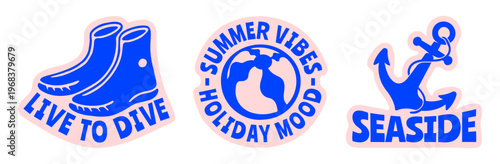 Retro Summer Beach Sticker Pack with Dive Boots, Beach Ball, Anchor, Vintage Bold Tropical Vector Flat Illustrations Set for t-shirt prints, beachwear design, summer logo, and coastal branding