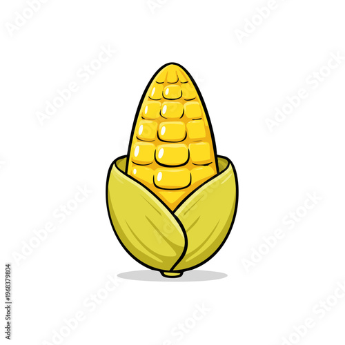 Stylized Cartoon Ear of Corn with Yellow Kernels and Green Husks
