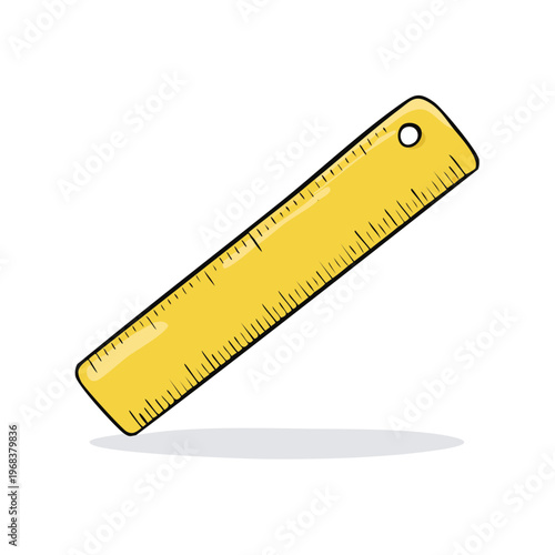 Yellow ruler with measurement markings and a hole for hanging displayed at an angle